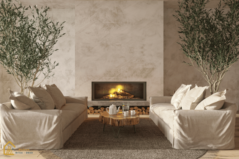 salon scandinave avec un feu de cheminée