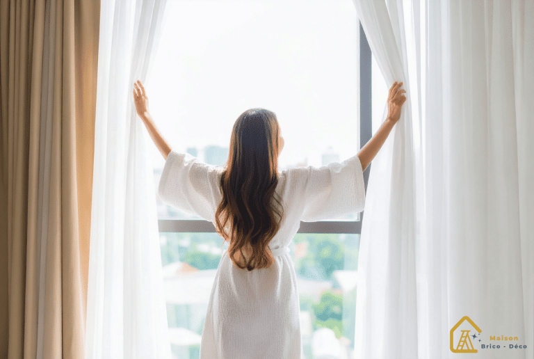 femme qui ouvre les rideaux dans la maison