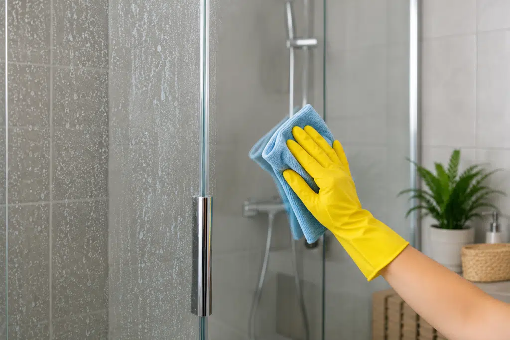 Nettoyage d'une paroi de douche vitrée entartrée avec un chiffon microfibre pour éliminer les traces de calcaire