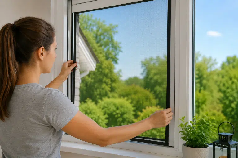 Installation d'une moustiquaire sur une fenêtre pour protéger la maison des insectes