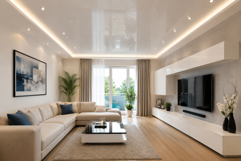 Salon contemporain avec plafond tendu blanc brillant et éclairage LED intégré.